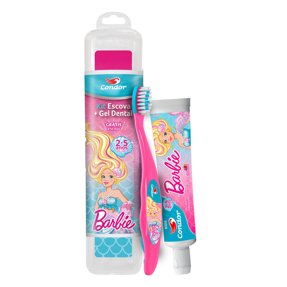 Kit Escova + Gel Dental Condor Kids Barbie com Flúor Tutti Frutti  50g e Ganhe Estojo Protetor - Health