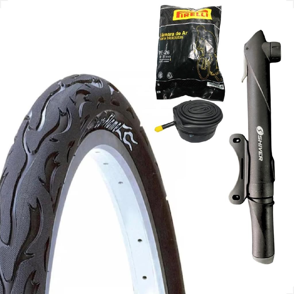 Pneu Bicicleta Kenda Flame Balão Aro 26 x 2.125 Liso Fogo + Camara Pirelli Brinde Bomba de ar