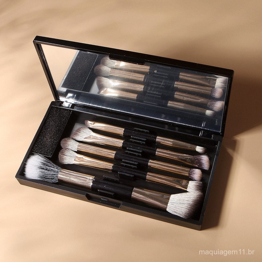Novo Conjunto de Pincéis de Maquiagem de 5 Peças com Dupla Cabeça e Estojo com Espelho, Kit de Viagem Conveniente, Pince