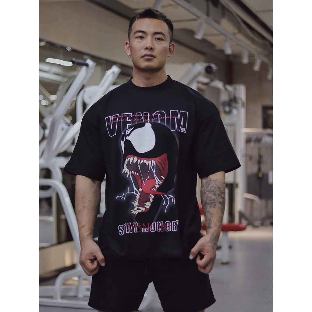 ZEKE LAB Venom Impresso Manga Curta Masculina 100 % Algodão Americano Fitness Solto Músculo Camiseta Esportiva 0526