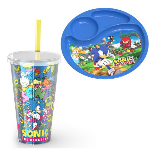 Kit Copo Sonic Com Canudo E Prato Sonic Original Licenciado
