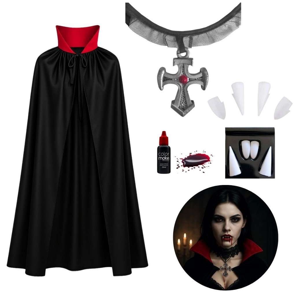 Kit Fantasia Vampira Feminino Drácula Dentes Presa Sangue Falso Colar Gargantilha Gótico Capa Luxo