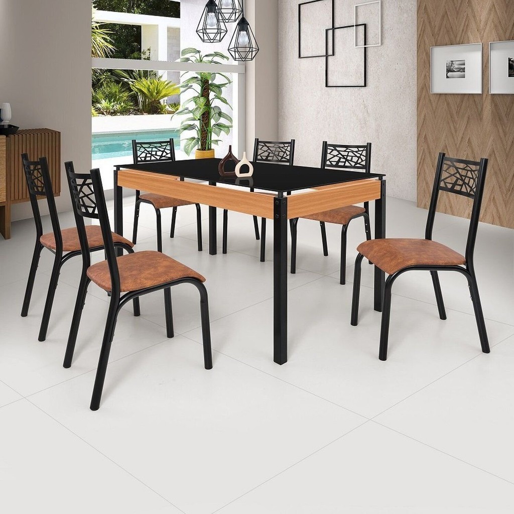 Conjunto Sala de Jantar Mesa 140cm x 77cm Tampo Vidro com 6 Cadeiras Jade Preto/Fosco/Caramelo