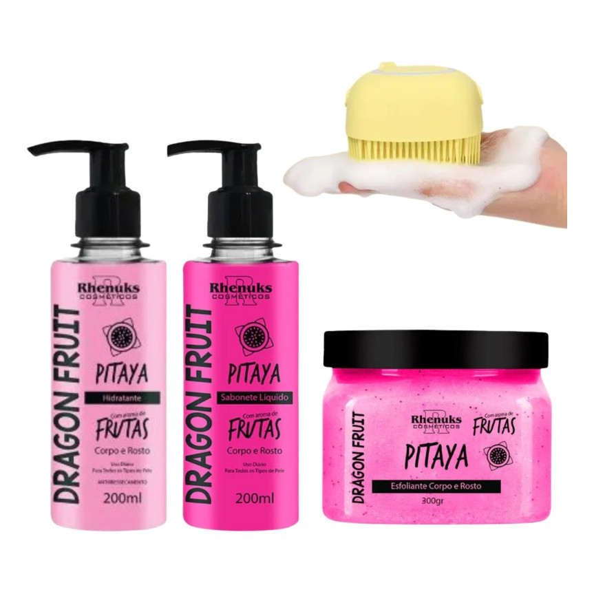 KIT SABONETE + ESFOLIANTE + HIDRATANTE PITAYA + Esponja Dispenser