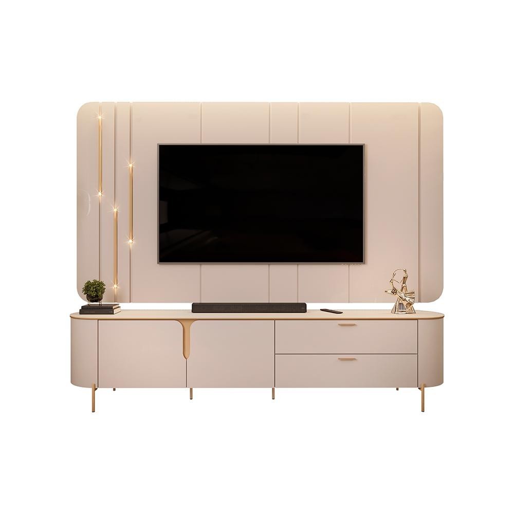 Painel com Bancada 241cm Avatar com Detalhes Dourados e LED para TV Até 75 Off White G18 - Gran Belo - Home & Living