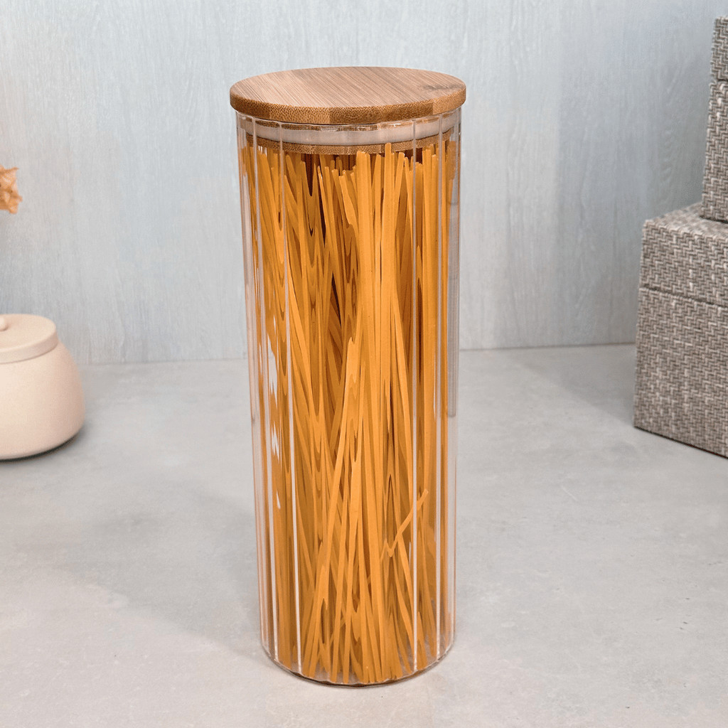 Porta Mantimento Pote Hermético Canelado 1,9L de Vidro Transparente com Tampa de Bambu Cozinha
