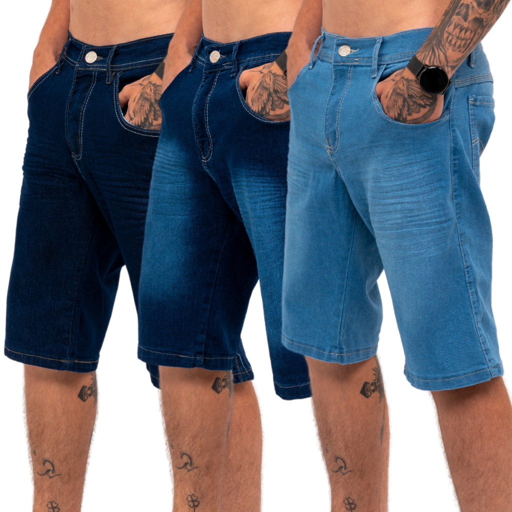 Kit Com 3 Bermudas Jeans Masculina Elastano Moda Verão Jeans Liso Conforto e Qualidade