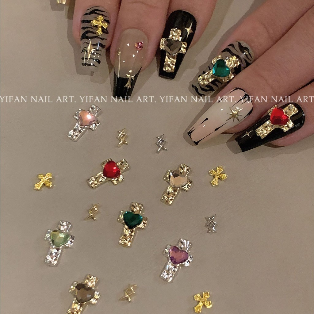 Manicure @ Glaze Crow Heart Manicure diy Jewelry Millennium Hot Girl Style Diamante Colorido Estilo Japonês Trendy Love Cross Nail Diamante Metal Patch Diamante Extensão Material de Extensão Diamante