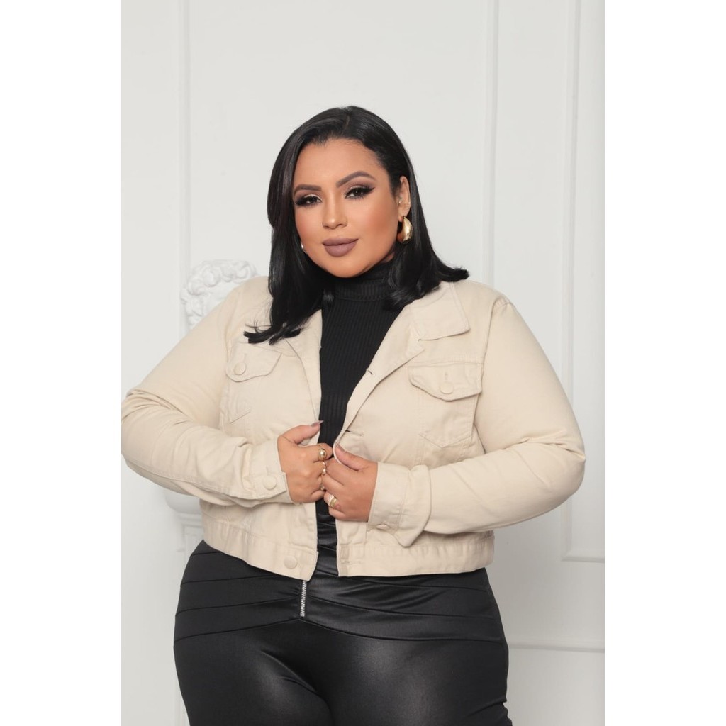 Jaqueta Cropped Jeans Feminina Plus Size Com Barra Botão Encapado Sarja G1 ao G4 em Oferta na Shopee