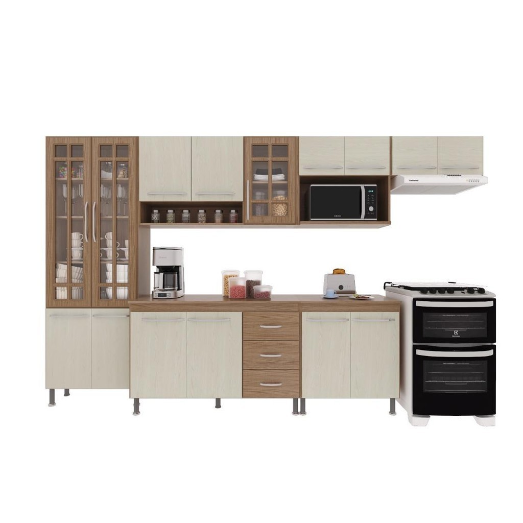 Detalhes do Cozinha Modulada Completa Fidelitá Paris 6 Peças 330cm 15 Portas 3 Gavetas Com Tampo Nogal/Salinas