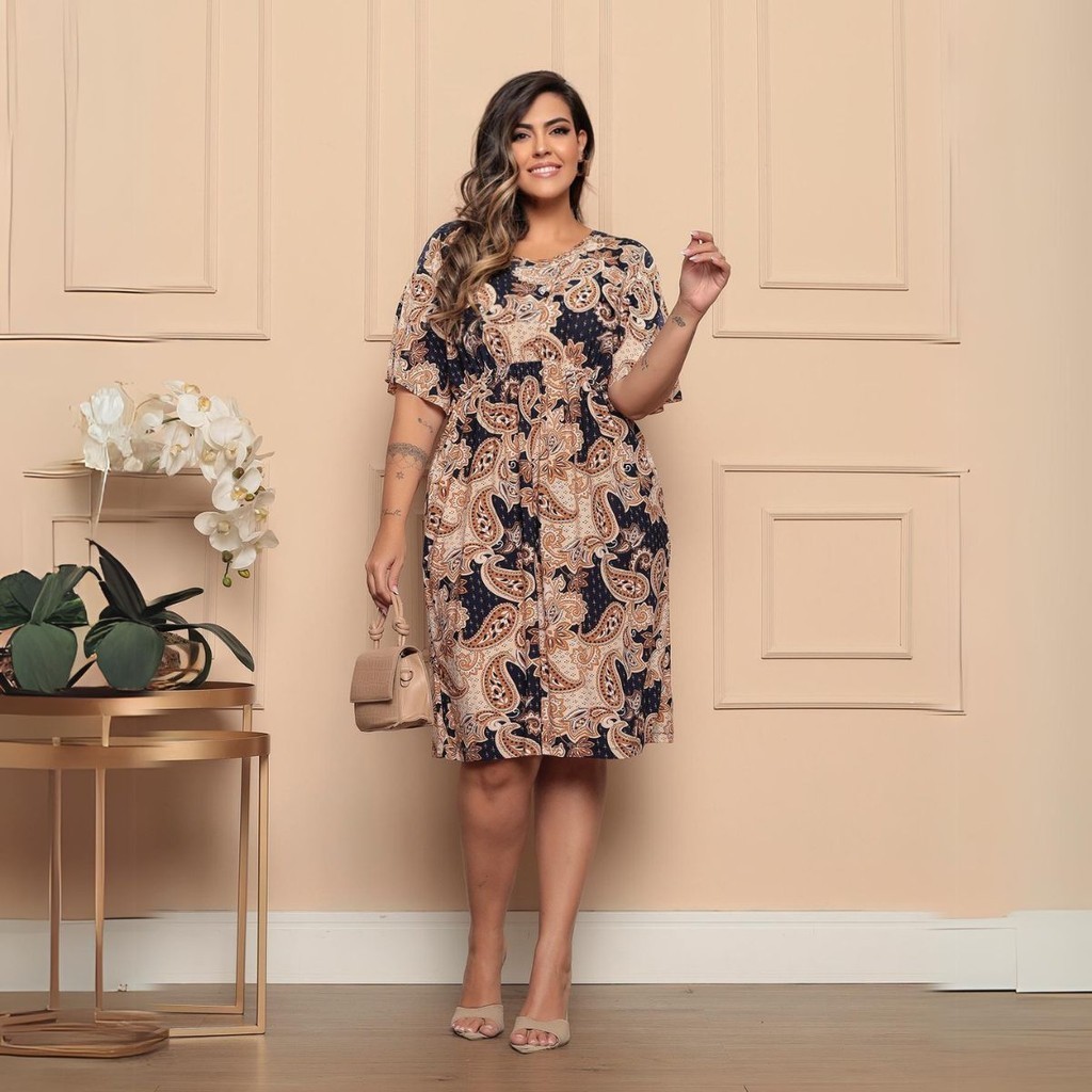 Vestido Plus Size Estampado Com Manga Morcego e Elástico na Cintura Estampa Sortida