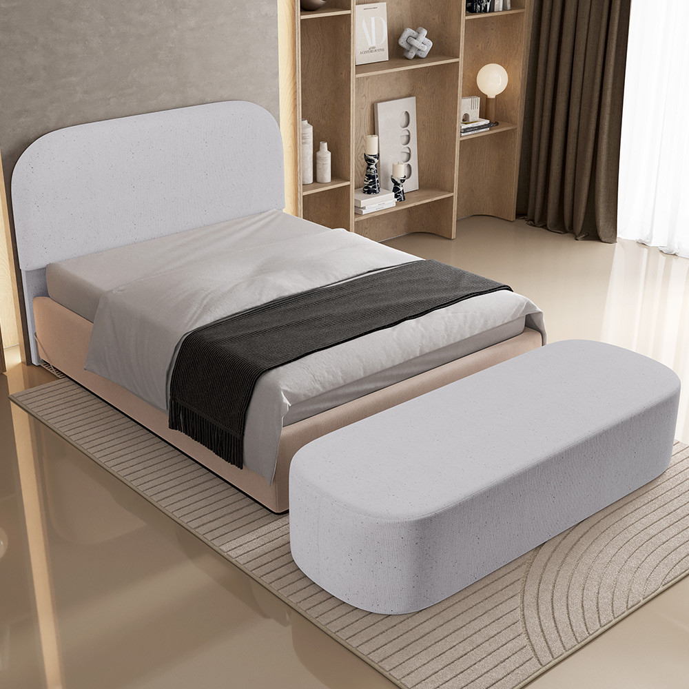 Cabeceira Cama Box Casal 195cm Lanna com Puff Recamier Doha W01 Linho Cinza - Lyam Decor