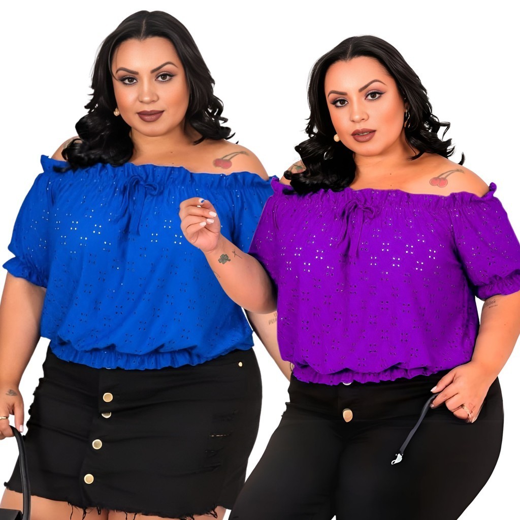 Kit 02 Cropped Blusa Feminina Plus Size Ciganinha Ombro com Lycra Laise Cropet Blusinha 48 52 GG G1