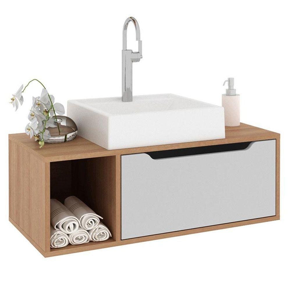 Balcão Gabinete Para Banheiro Suspenso Bn3644 Amêndoa Branco - Tecnomobili - Home & Living