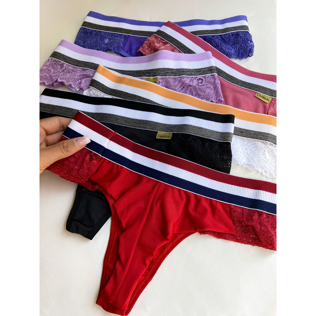 Kit 5 Calcinha Elastico Colorido Cós Alto Fio Duplo Tanga Microfibra em Oferta na Shopee