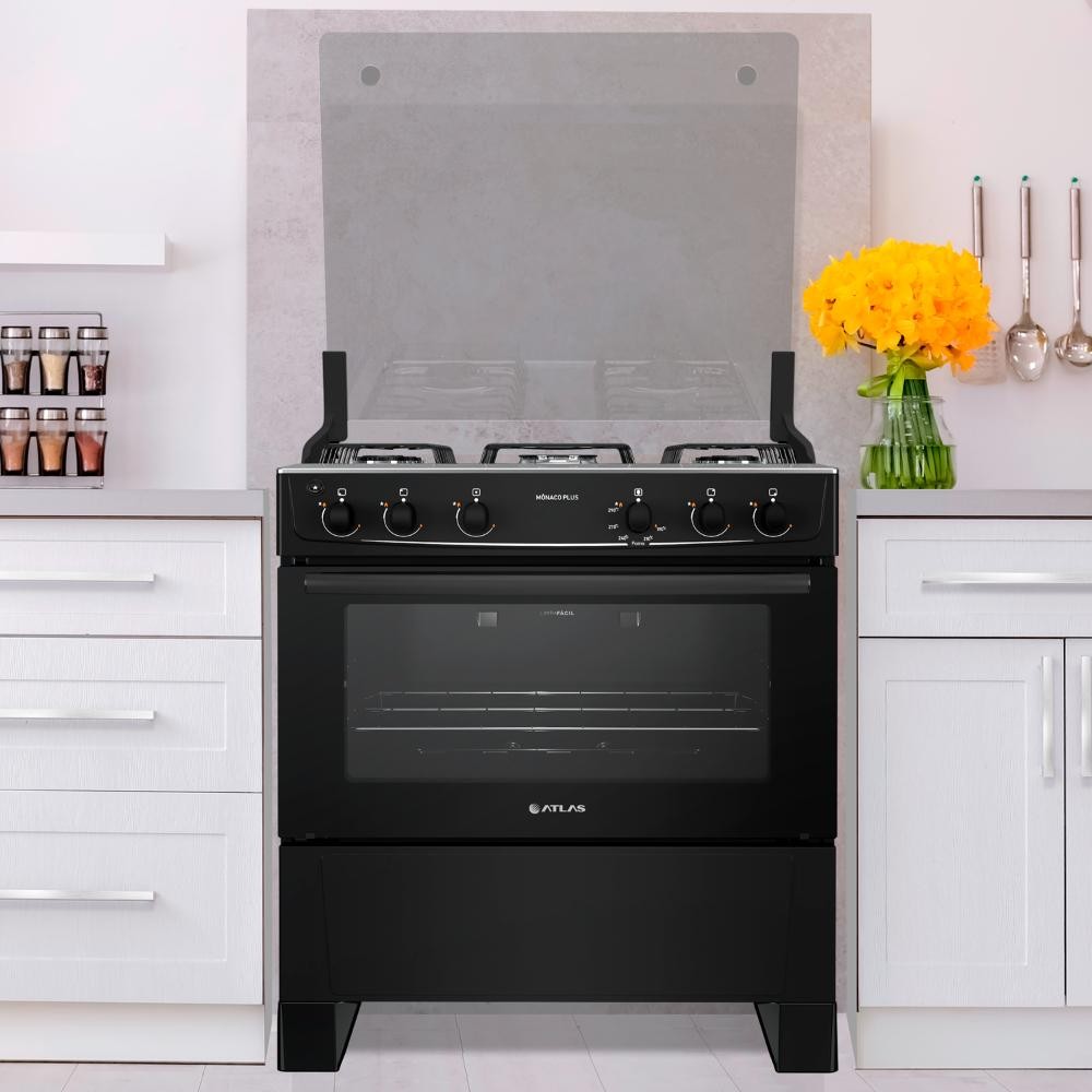 Fogão de Piso Gás 5 Bocas Mesa de Inox Tampa Vidro Forno Cozinha Moderna Atlas Mônaco Plus Preto em Oferta na Shopee