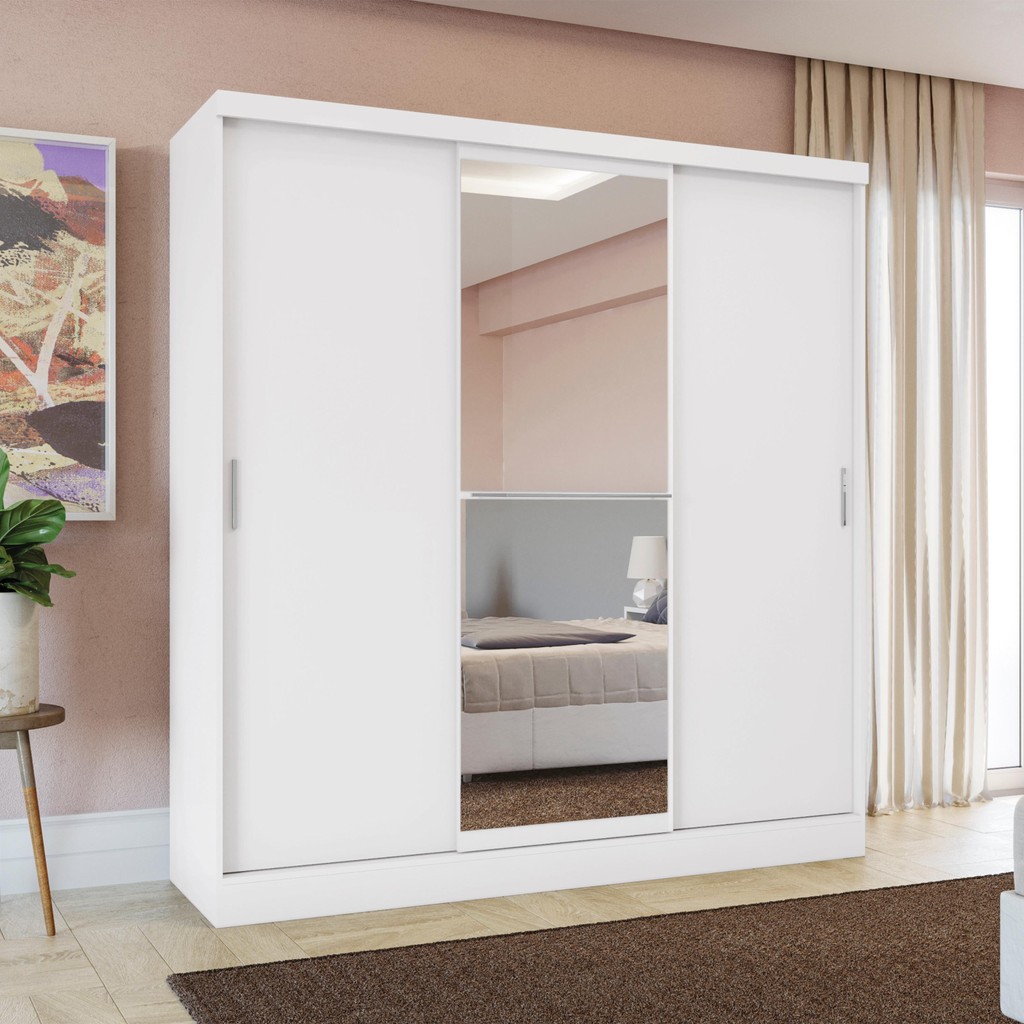 Guarda-Roupa Casal com Espelho 3 Portas de Correr 3 Gavetas Branco - Home & Living