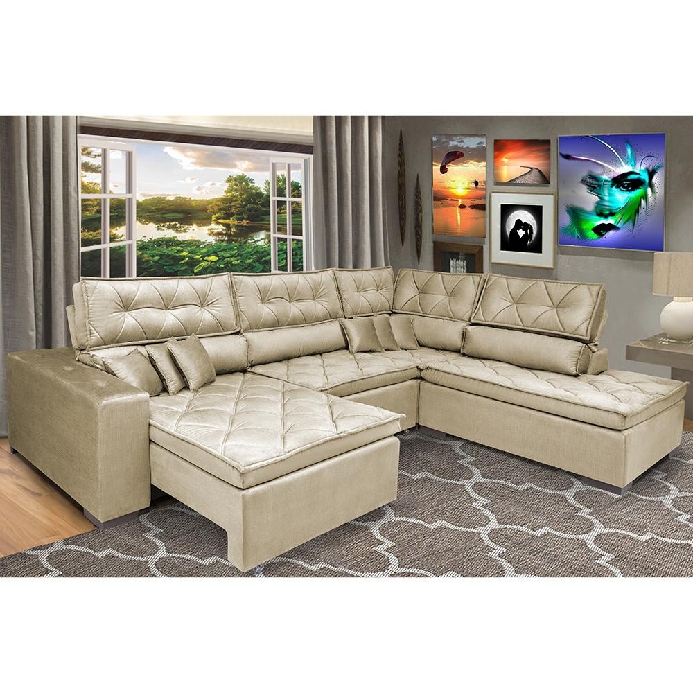 Sofa de Canto Retrátil e Reclinável com Molas Cama inBox Platinum 3,00x2,36 Tecido Suede Bege em Oferta na Shopee