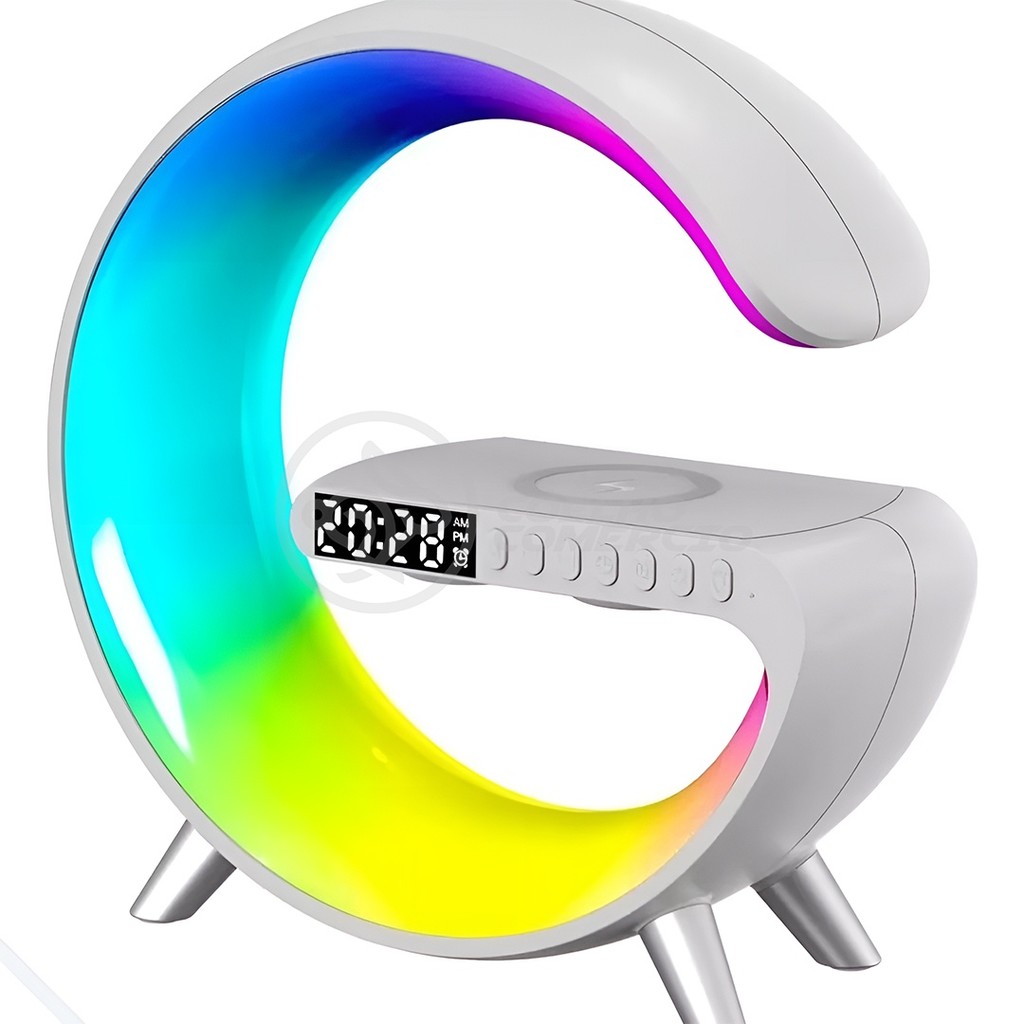 Carregador por Indução Luminária G Branca Abajur Led RGB Com Caixa de Som e Relógio Despertador