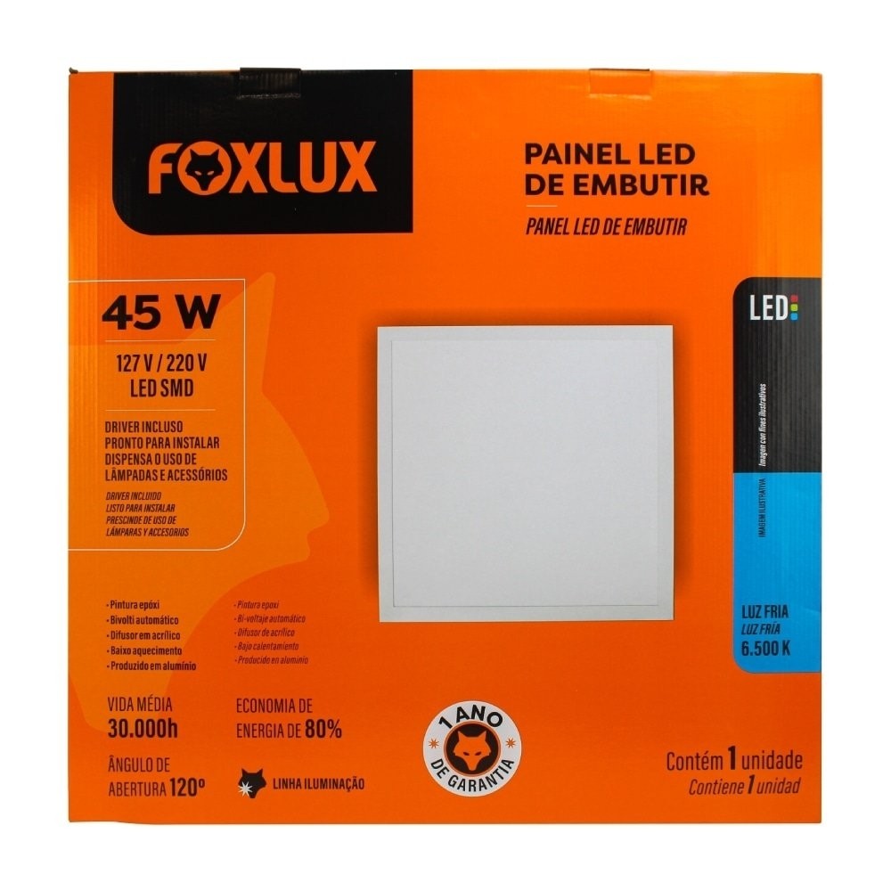 Plafon Painel Foxlux LED 60cm Quadrado de Embutir 45W 6500K