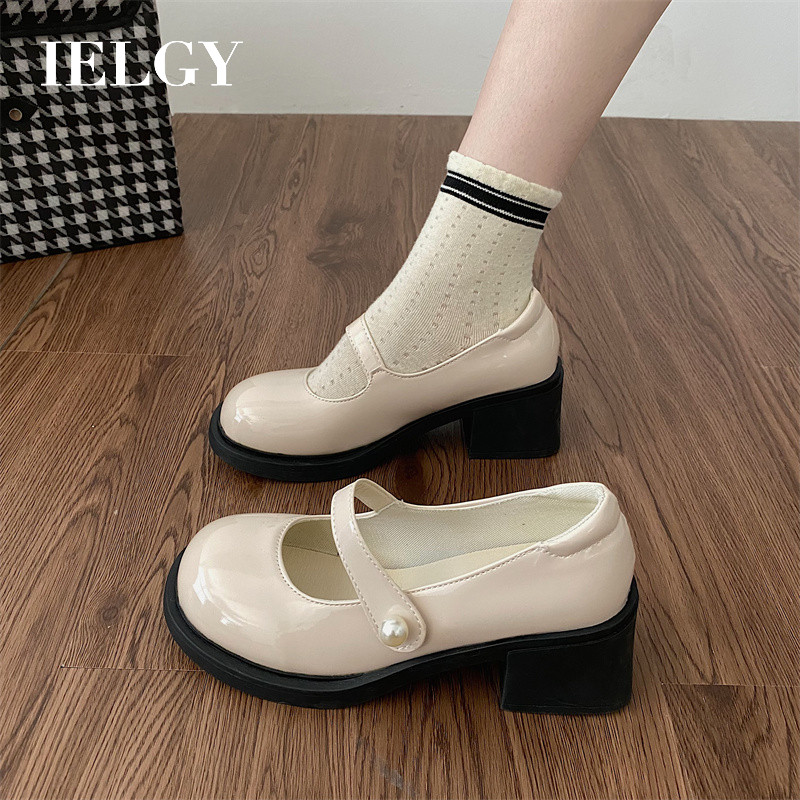 IELGY Sapatos Femininos Franceses Mary Jane Com Salto Bloco De Couro Feminino 2024 Versão Coreana Vento Suave JK Alto