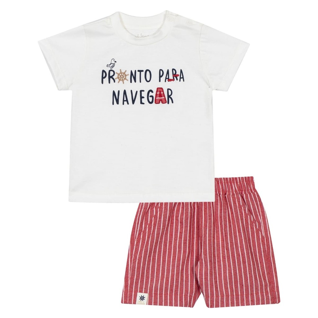 CONJUNTO CAMISETA OFF E BERMUDA LISTRADA VERMELHA - NINI &amp; BAMBINI