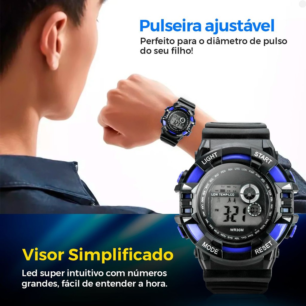 relogio digital criança infantil menino silicone + caixa presente preto adolescente data azul alarme — imagem 2 de 2