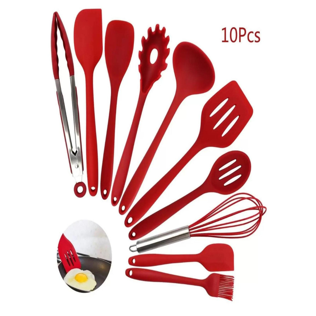 Kit 10 Peças Colheres De Silicone Cabo Inox Utensílios Cozinha