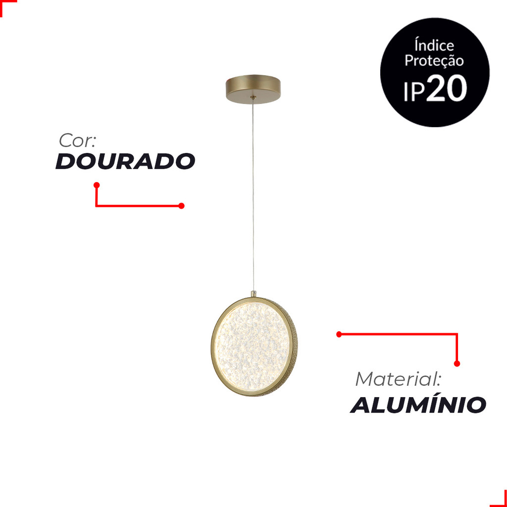 Detalhes do Luminaria Pendente Led Jade 5w 3000K/6500K Dourado Avant