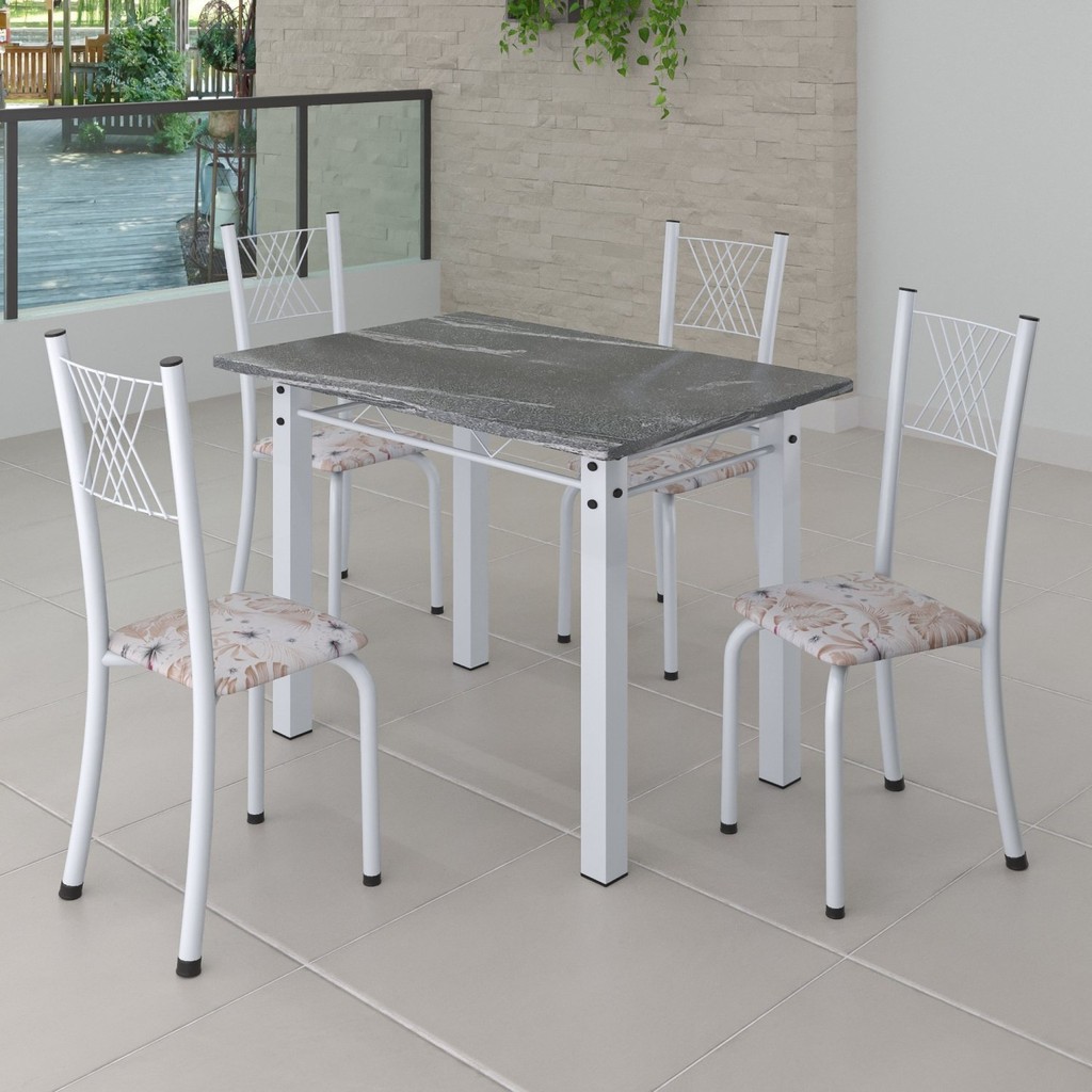 Conjunto de Jantar Mesa 100x60cm Tampo de Granito Topázio com 4 Cadeiras Sara Yescasa Botanic Bege/Branco - Home & Living