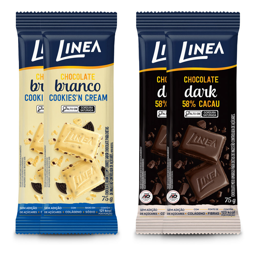 Kit 4 Tabletes de Chocolate Linea Sabor Dark e Cookies'n Cream 75g