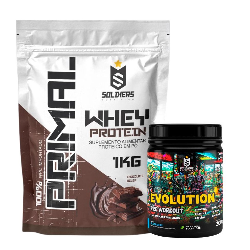 Kit: Whey Protein Primal 1kg + Pré Treino Evolution 300g Soldiers Nutrition Proteína Muscular Suplemento em Oferta na Shopee