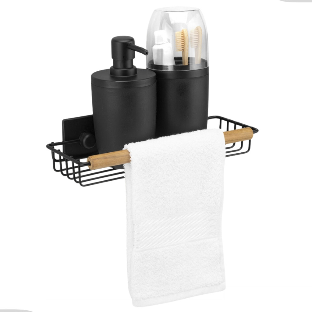 Prateleira Parede Banheiro Lavabo Suporte Toalha Rosto Multiuso Organizador Eco Design Preto Arthi em Oferta na Shopee