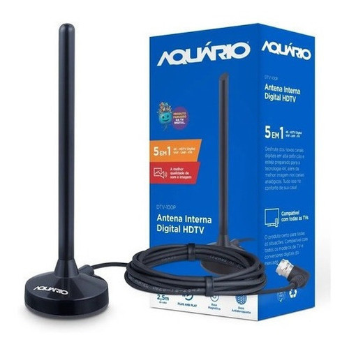 Antena Interna Digital Aquário Com Captação 5 Em 1 Vhf Uhf Fm Hdtv 4k - Dtv100p
