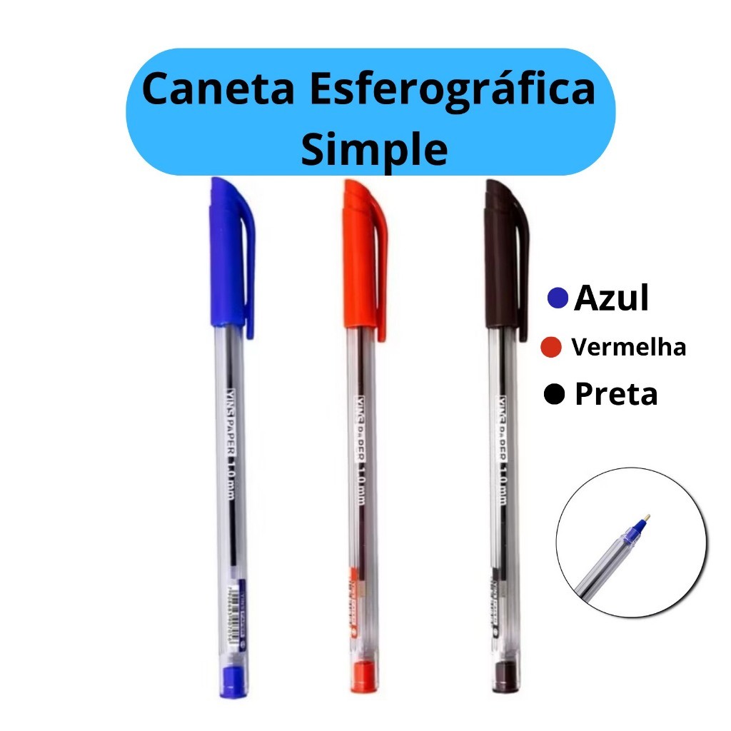 Caneta Esferográficas Ponta Média Simples Azul Preta Vermelha Escolar Escritório Leo&Leo