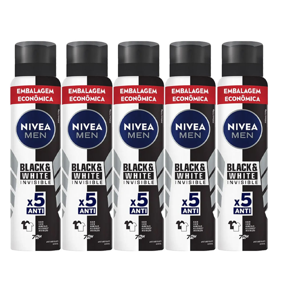 Kit Desodorante Aerosol Nívea Black & White Masculino 200ml - 5 unidades - Beauty