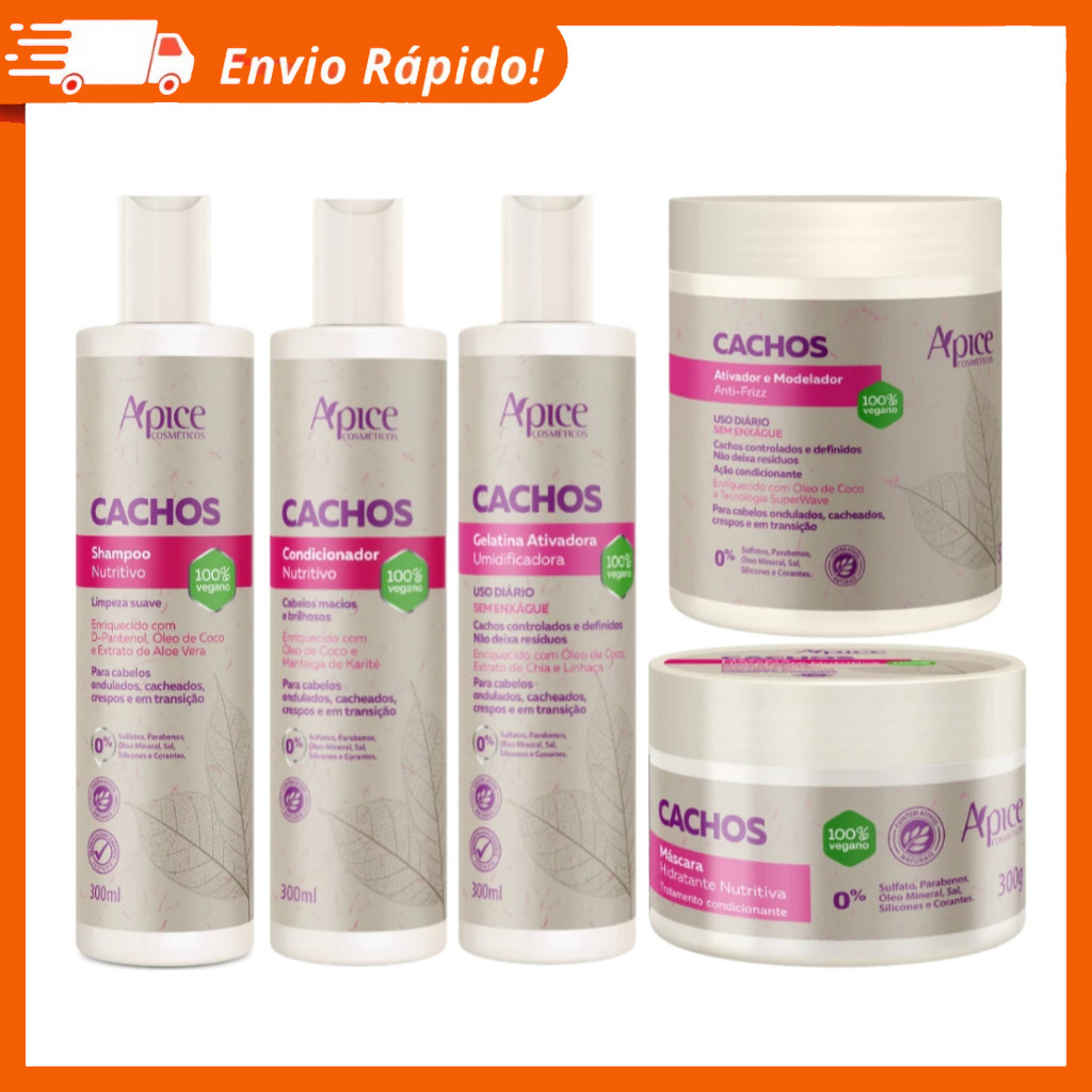 Kit Apse Cachos 5 itens Shampoo, Condicionador, Ativador, Mascara e Gelatina - Tratamento completo