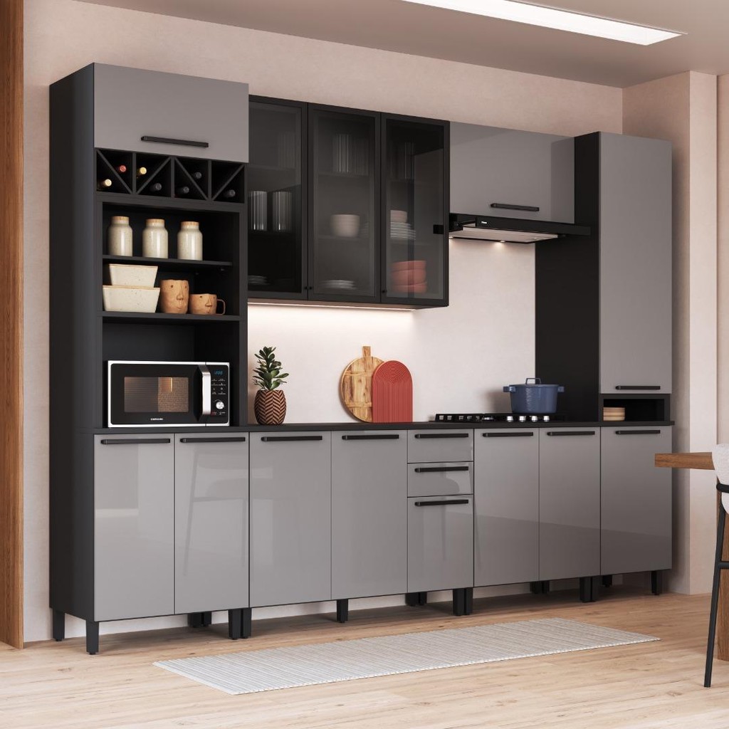 Cozinha Modulada Completa Fidelitá Mônaco 6 Peças 320cm 14 Portas 2 Gavetas Com Tampo Chumbo/Titânio em Oferta na Shopee