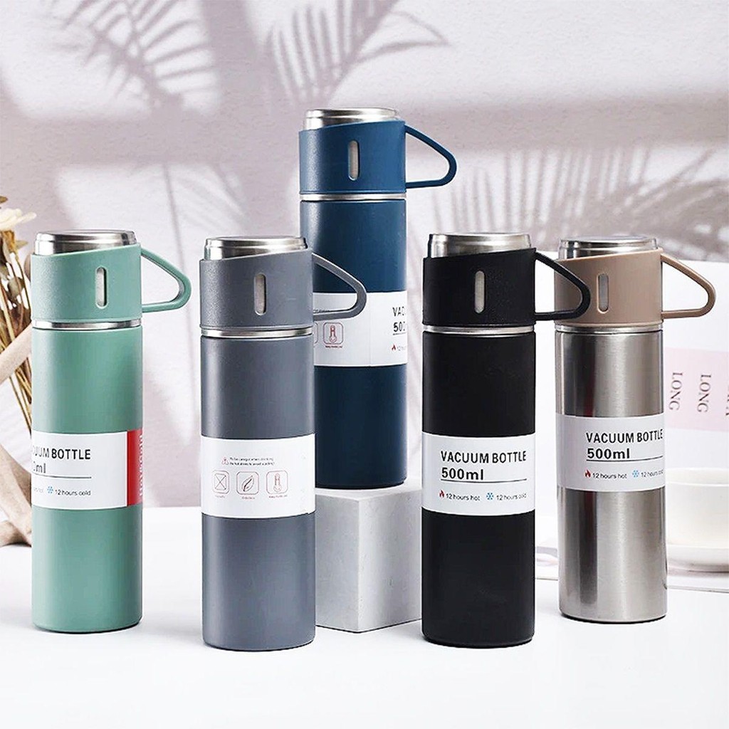 caneca Kit Garrafa Térmica Vacuum Bottle Inox 500ml + 3 Xícaras Bebidas Fria ou Quente