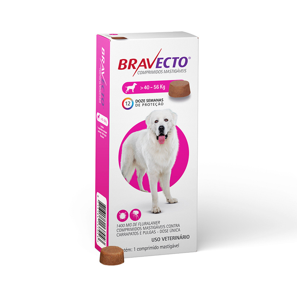 ANTIPULGAS E CARRAPATO BRAVECTO DE 40KG A 56KG COMPRIMIDO 1400MG PARA CACHORRO DURAÇÃO 3 MESES