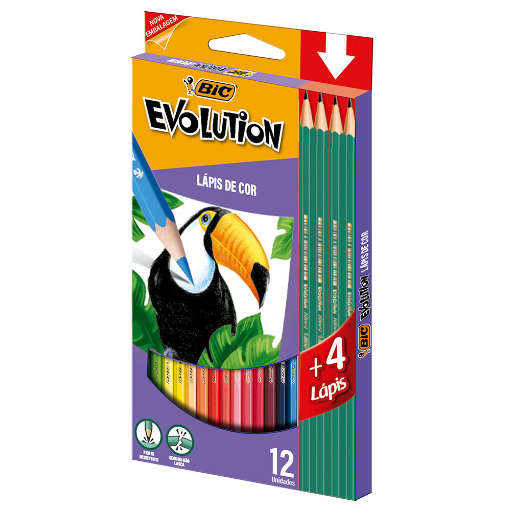 Lápis de cor 12 cores Evolution + 4 lápis grafite Bic - Stationery