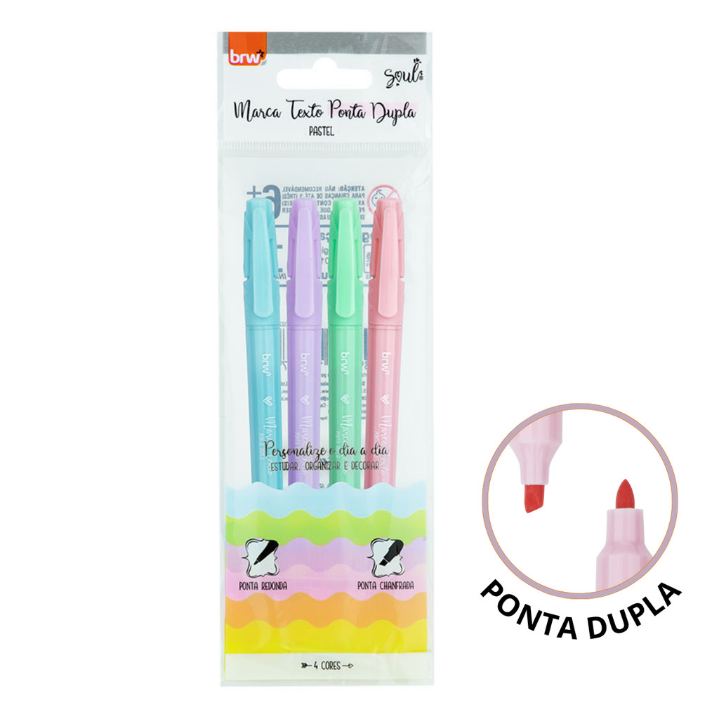 Kit 4 Marca Texto Ponta Dupla PASTEL Soul - BRW em Oferta na Shopee