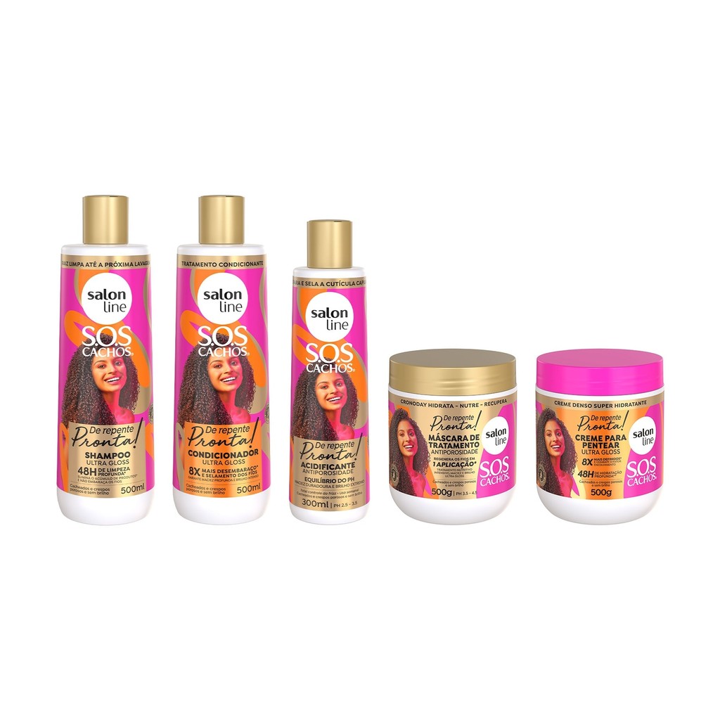 Kit Shampoo + Condicionador + Máscara Antiporosidade + Creme para Pentear e Acidificante SOS Cachos De Repente Pronta! - Beauty