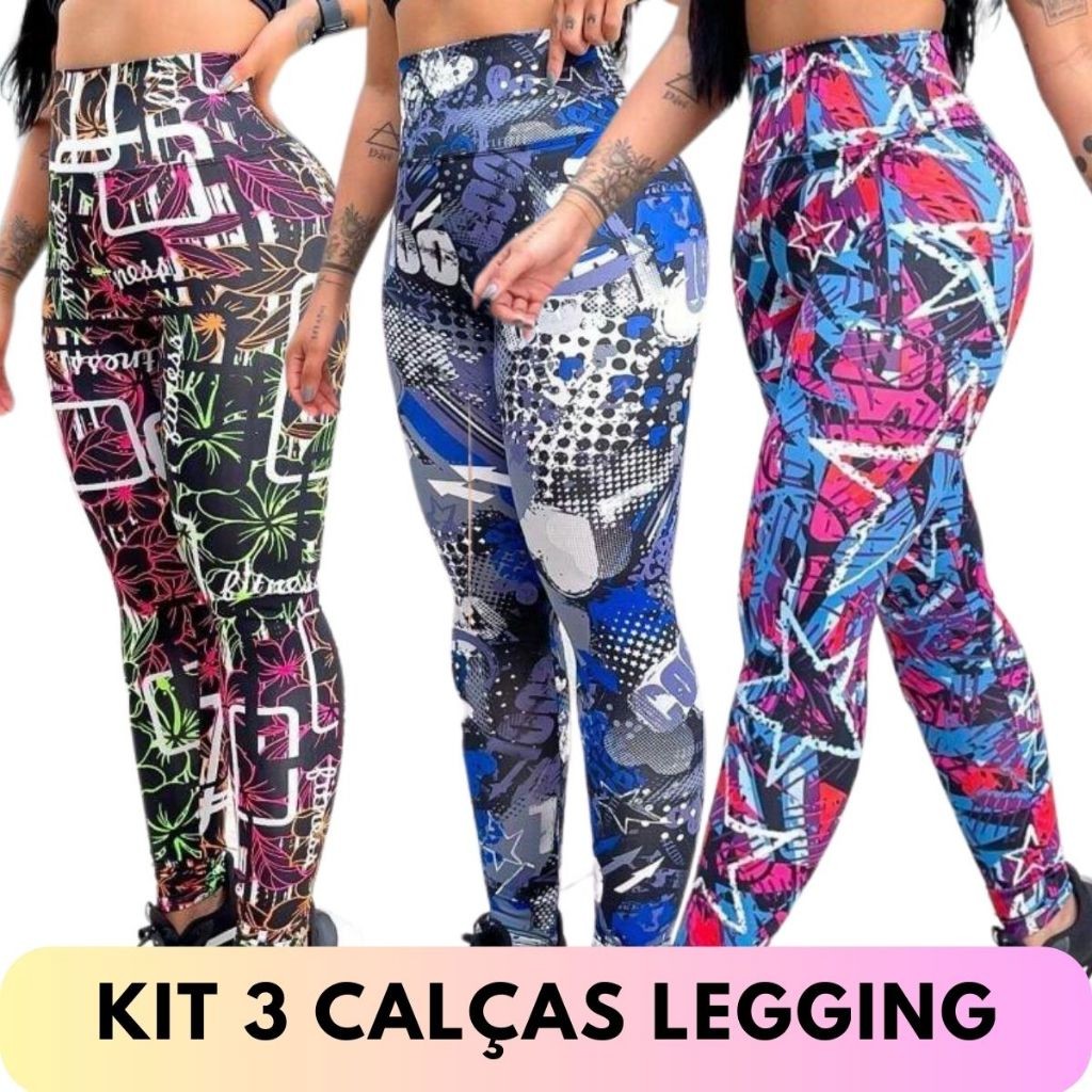 Kit 2 Calça Legging Feminina Estampada Cintura Alta Suplex Leg Academia Fitness Cós Alto
