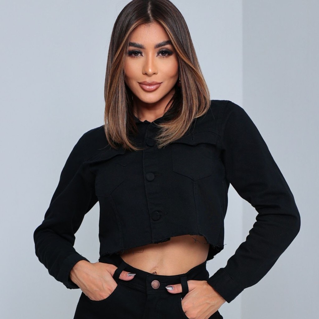 Jaqueta Crooped  jeans Feminina Barra Desfiada  Bege