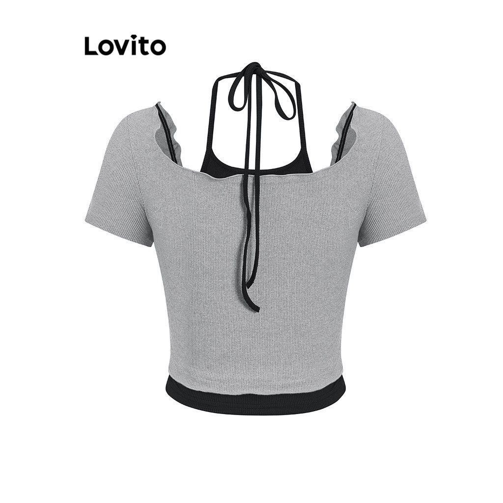 (Trendy) Lovito Camiseta Casual Lisa Falsa 2 Em 1 Com Frente E Laço Para Mulheres L101AD121 em Oferta na Shopee