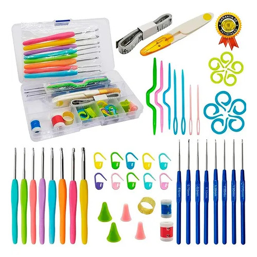 KIT CROCHÊ COMPLETO FERRAMENTAS AGULHAS, TESOURA - 53 PÇS