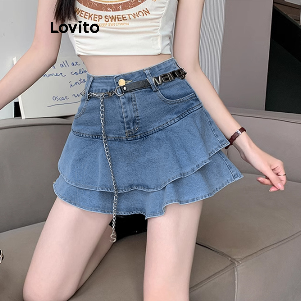(Trendy) Lovito Saias jeans casuais com babados e bainha lisa para mulheres L114AD513 - Women Clothes