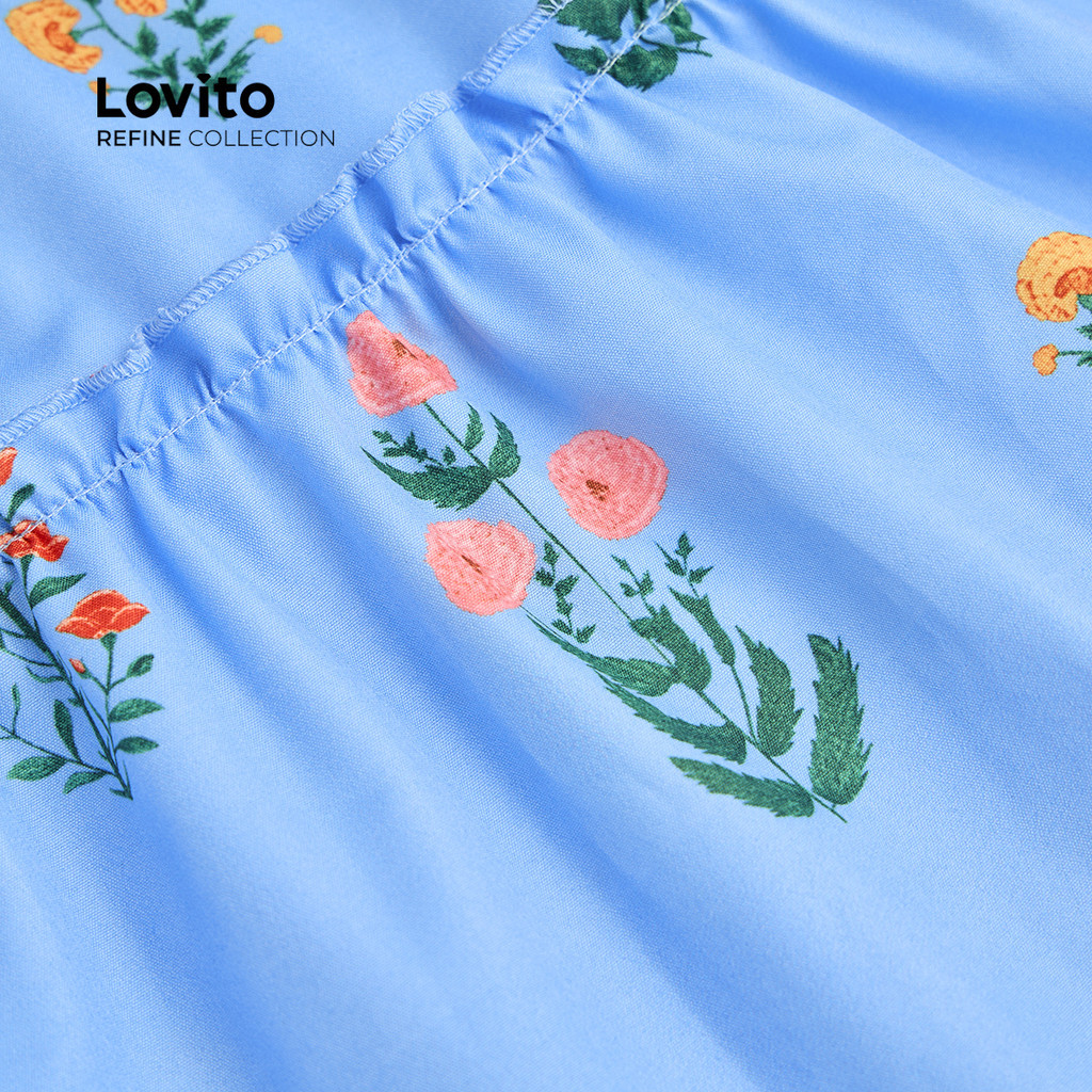 (Trendy) (Lovito Refine) Vestido Casual Floral Em Camadas Com Padrão Azul Para Mulheres LR11LD077 - Women Clothes