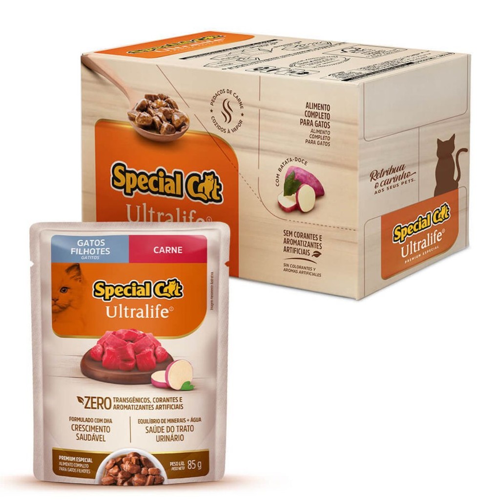 Kit 12 Sachê Special Cat Ultralife Filhotes Sabor Carne - 85g - Pets